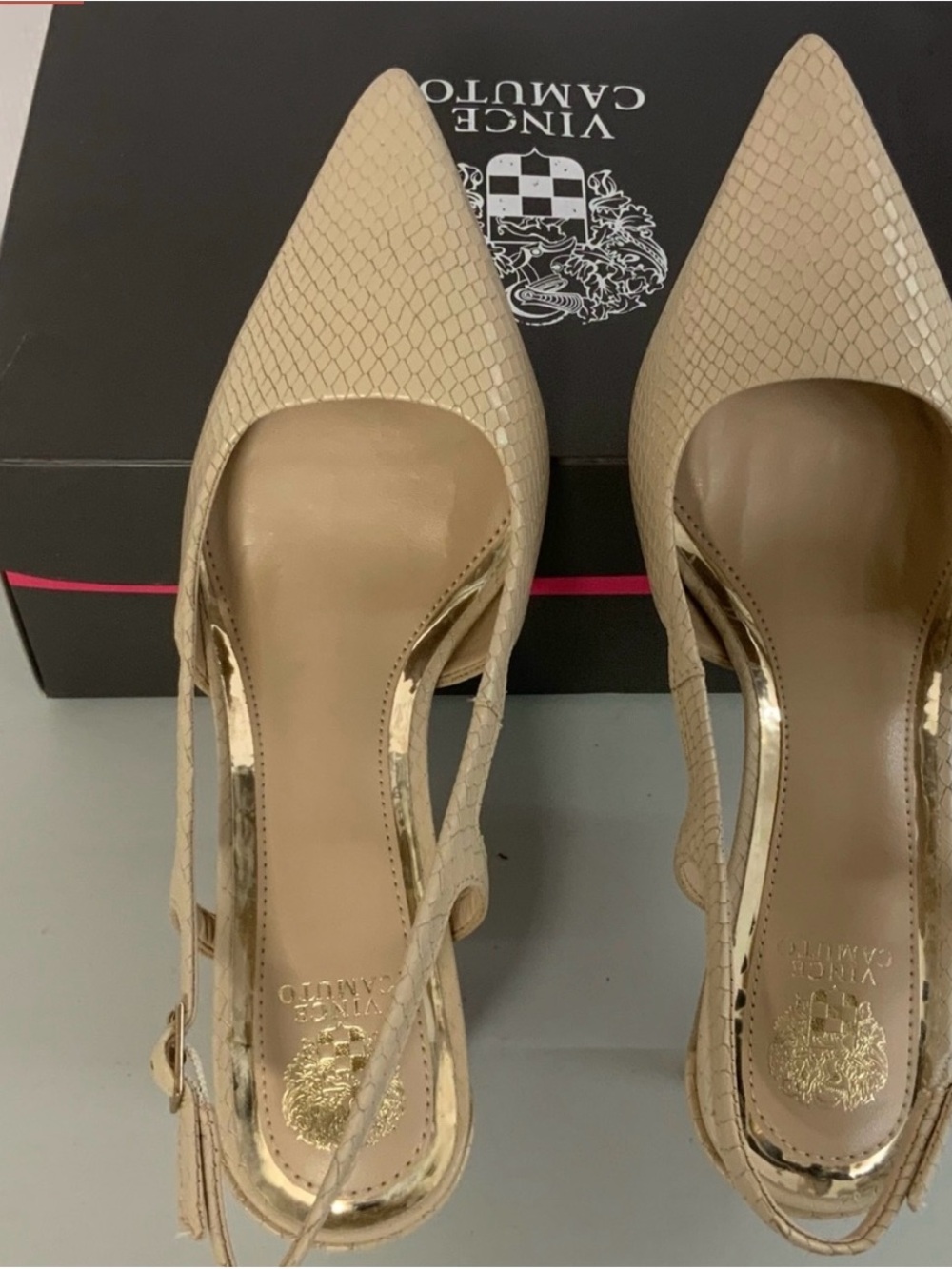 Vince Camuto Beige Textured Pointed-Toe Slingback Pumps
